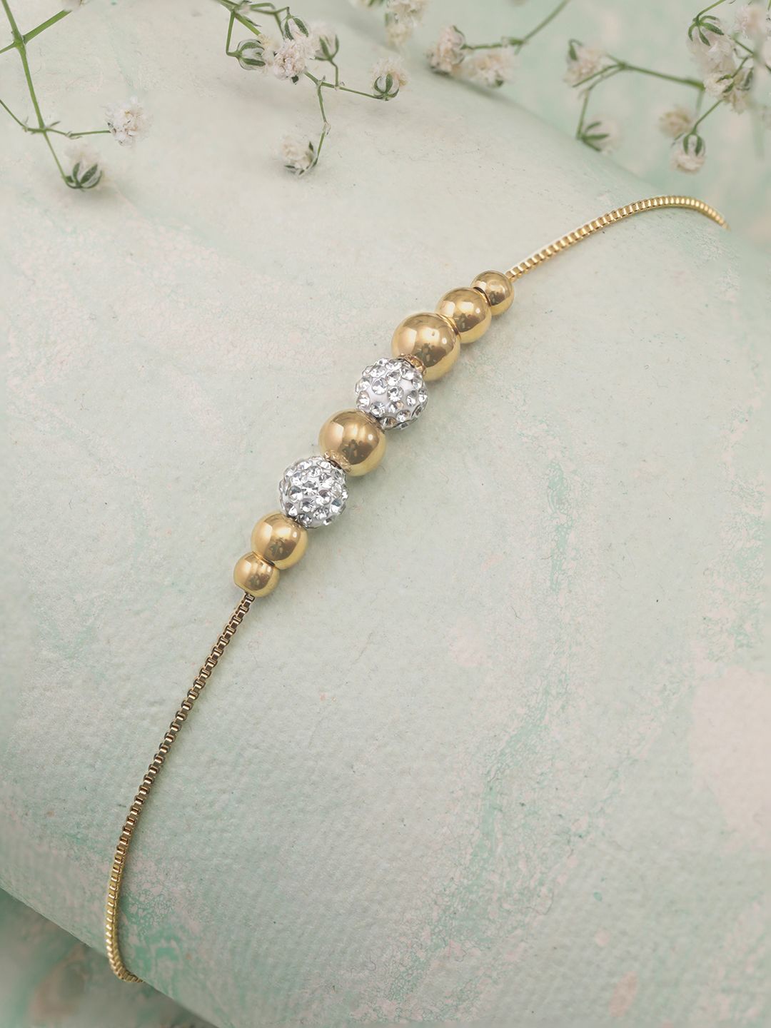 

Rubans 22K Gold Plated & Silver Cubic Zirconia Studded Adjustable Beaded Bracelet