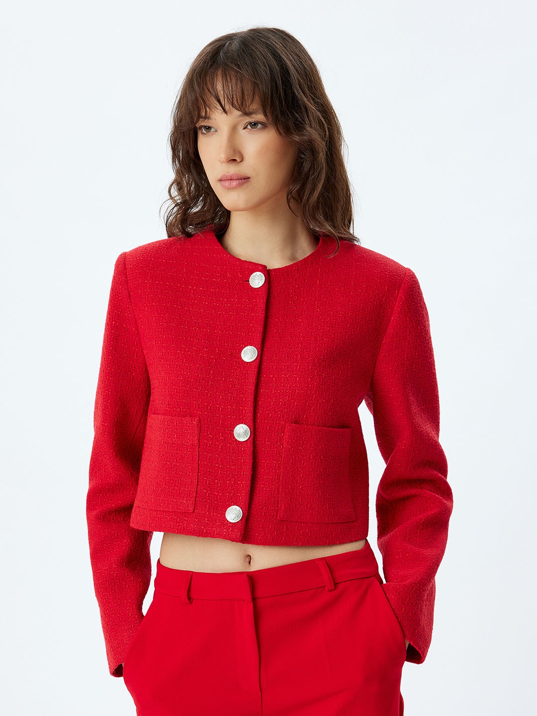 

Koton Women Striped Acrylic Longline Tailored Jacket, Red