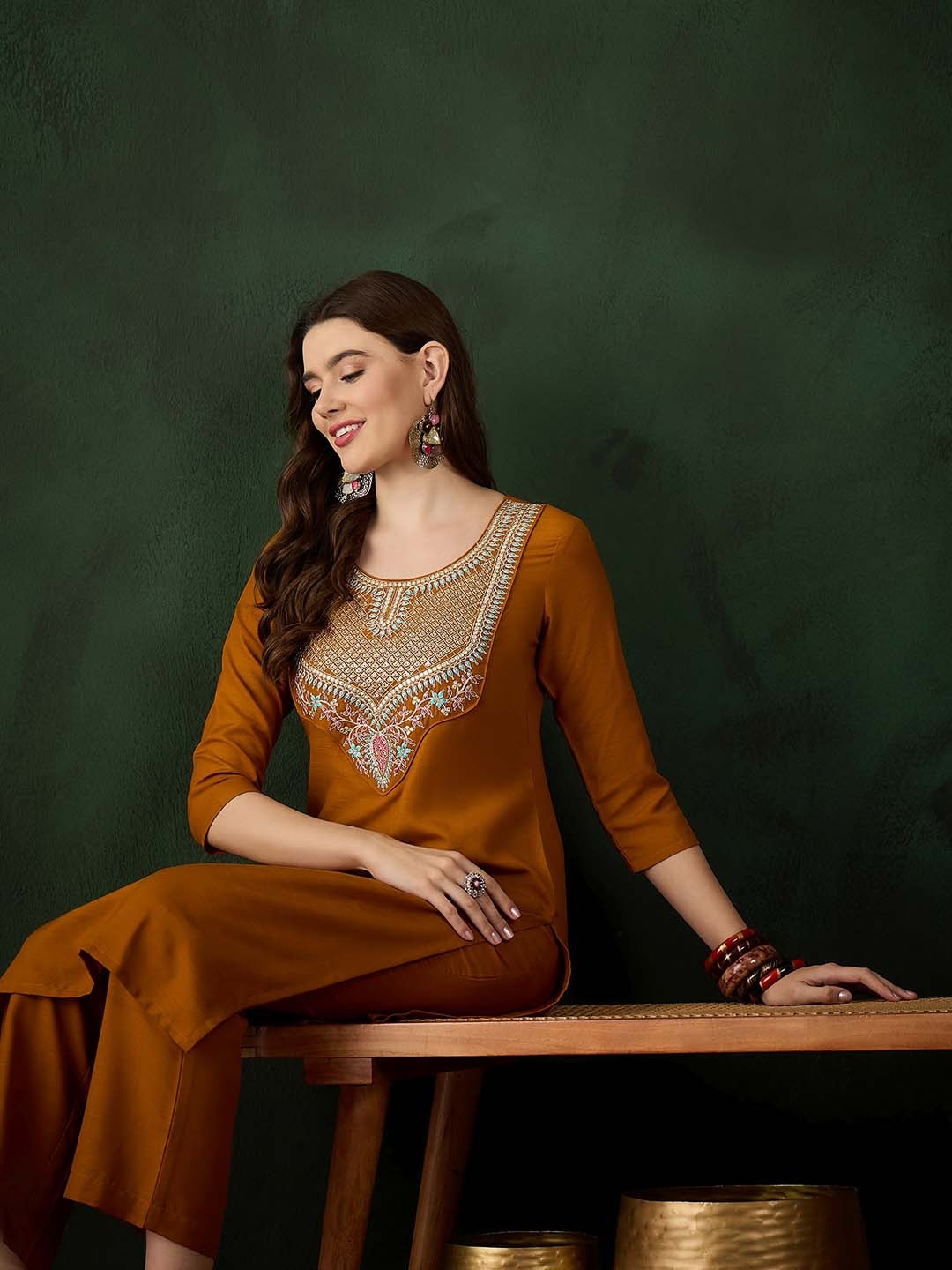 

Sangria Women Embroidered Straight Kurta Set, Mustard