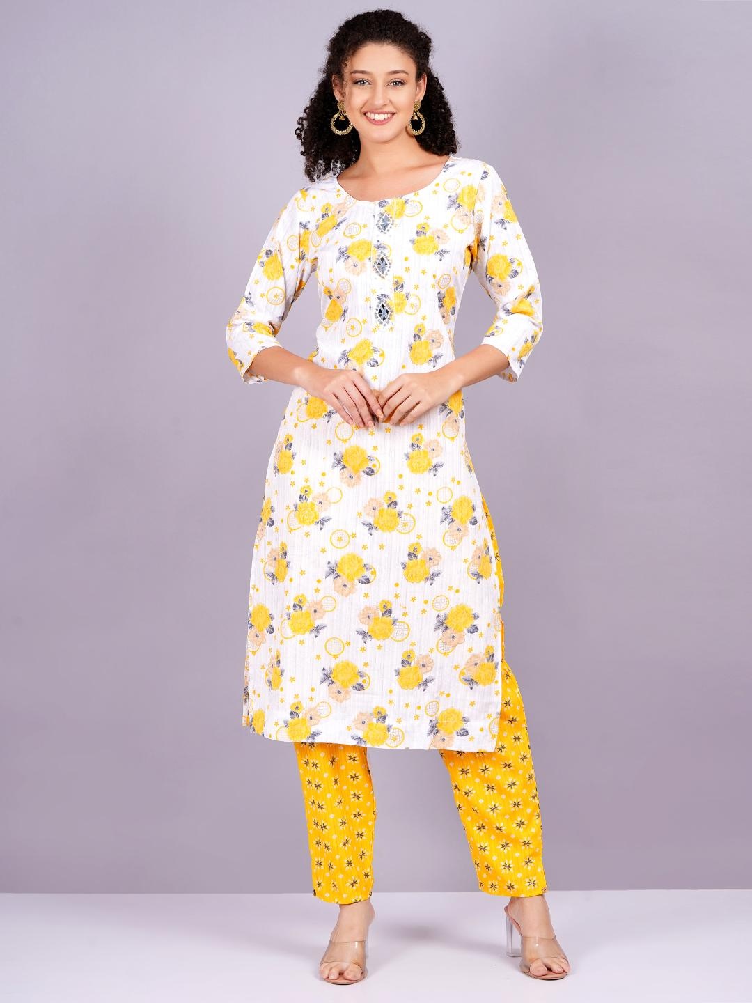 

KALINI Floral Printed Straight Kurta with Trousers, Yellow