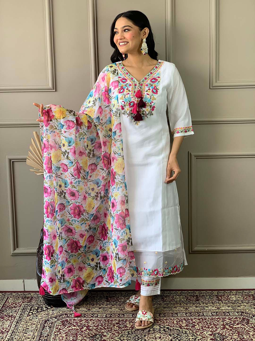 

KALINI Ethnic Motifs Embroidered Chanderi Silk Straight Kurta With Trousers & Dupatta, White