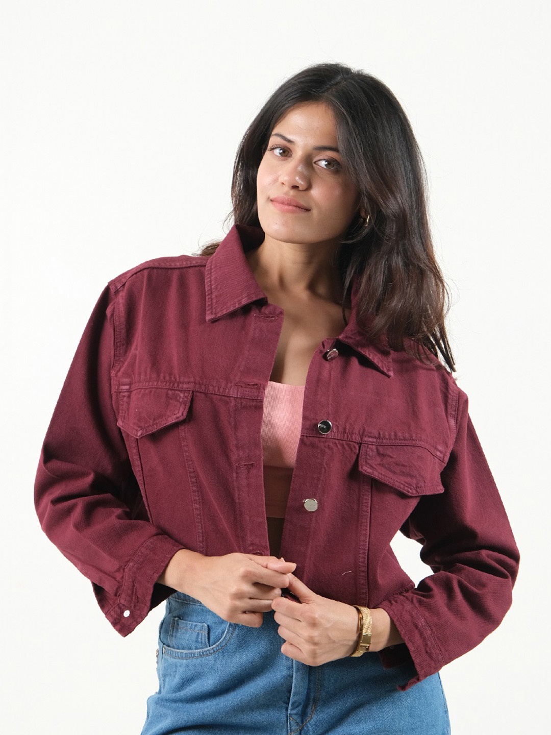 

FILLY Women Striped Crop Outdoor Denim Jacket, Maroon