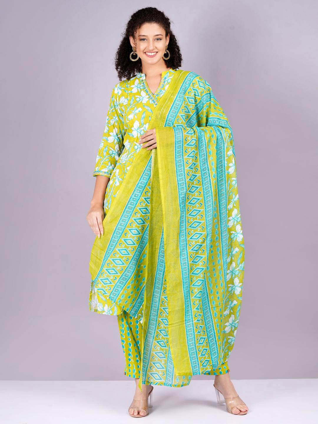 

HIGHLIGHT FASHION EXPORT Women Kurta with Trousers & Dupatta, Lime green