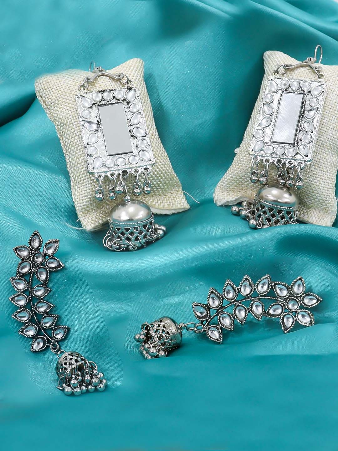 

FIMBUL Set of 2 Silver-Plated Oxidised Dome Shaped Floral Mirror Work Jhumkas