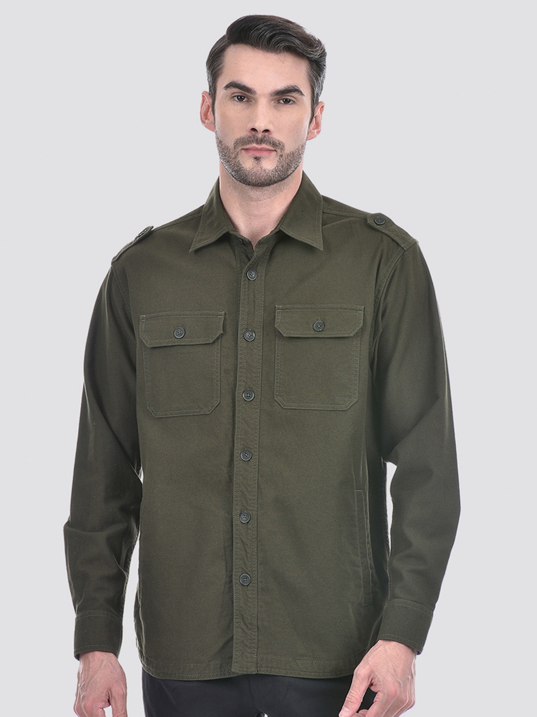 

Numero Uno Men Spread Collar Solid Cotton Oversized Casual Shirt, Olive