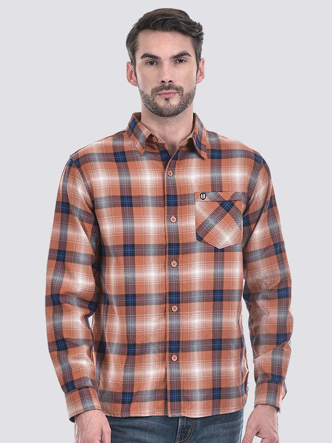 

Numero Uno Men Spread Collar Checked Cotton Casual Shirt, Orange