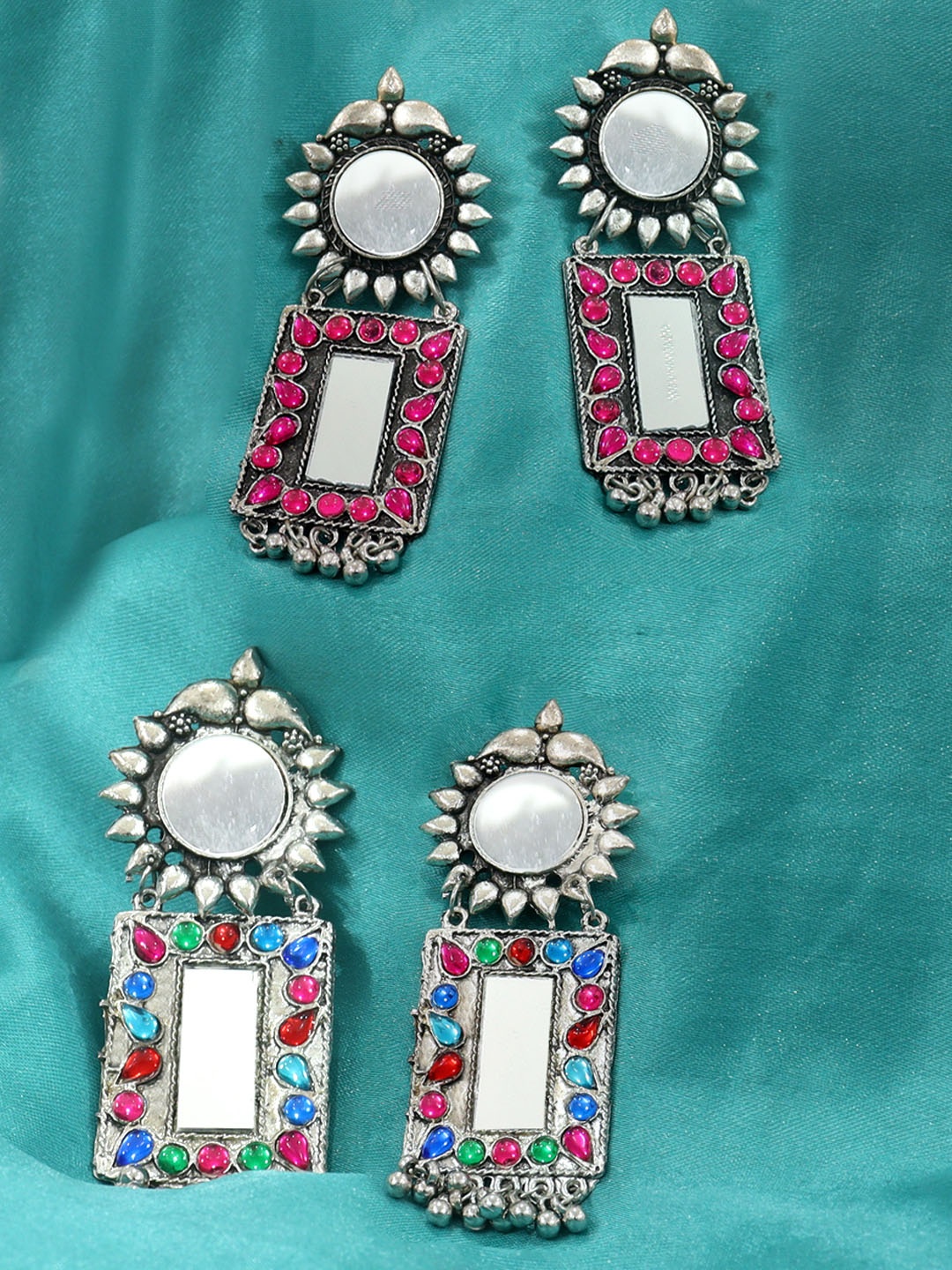 

FIMBUL Set of 2 Silver-Plated Oxidised Rectangle Shaped Stone Studded Drop Earrings