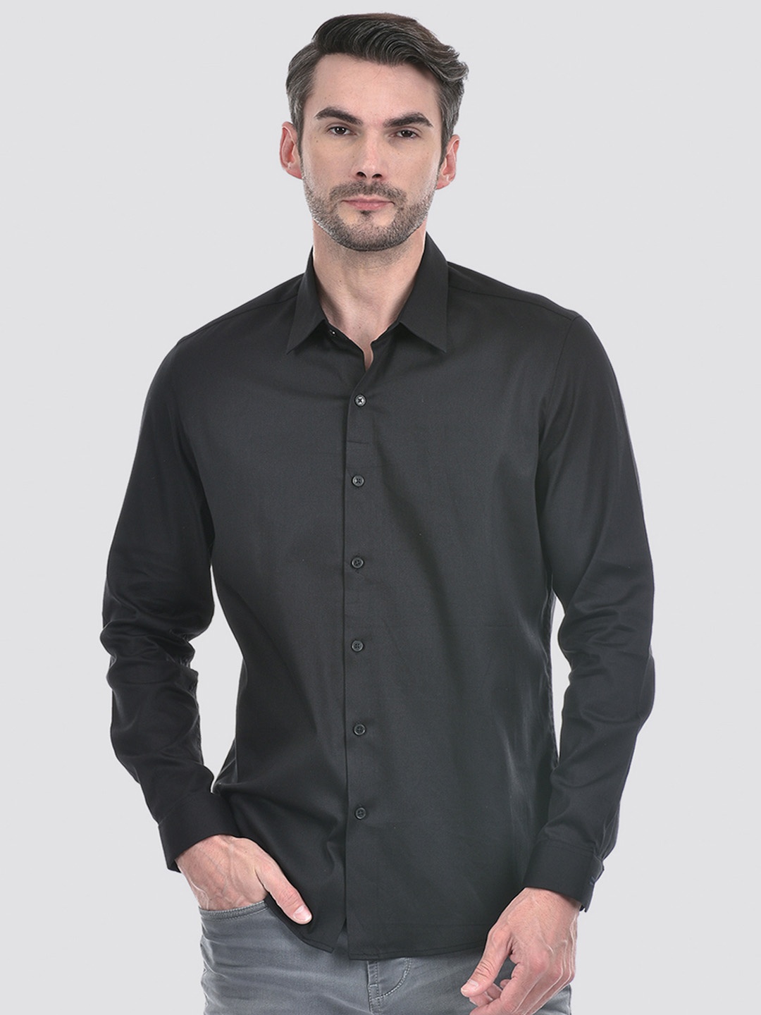 

Numero Uno Men Spread Collar Solid Cotton Slim Fit Casual Shirt, Black
