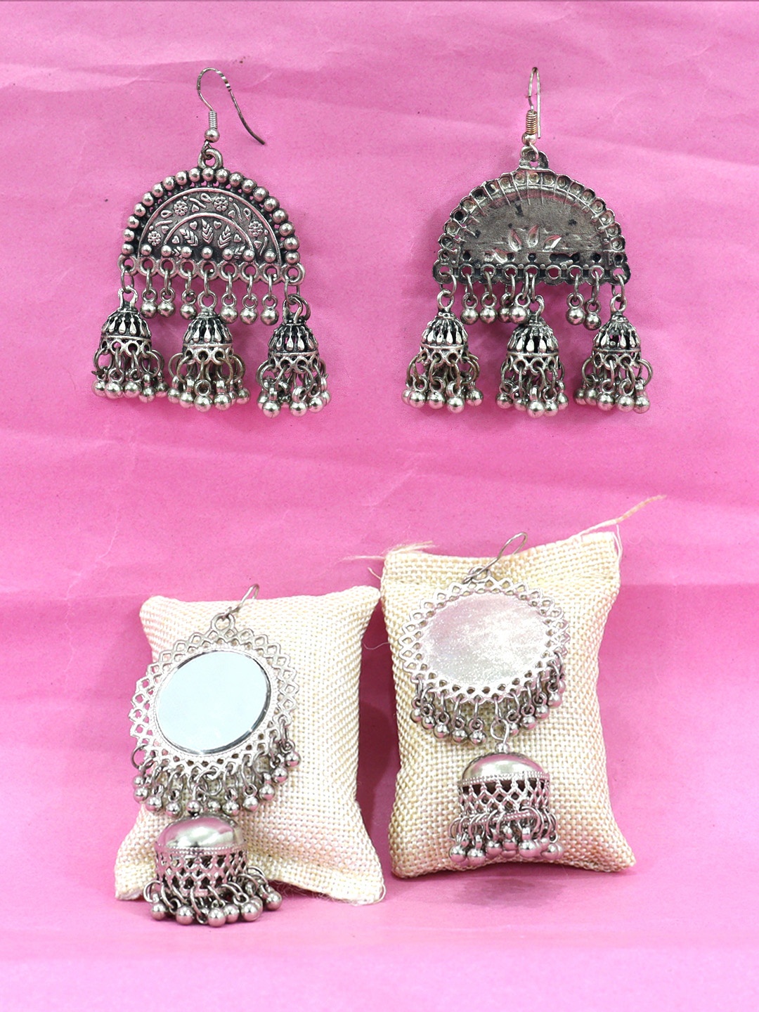 

FIMBUL Set of 2 Silver-Plated Oxidised Mirror Work Dome-Shaped Jhumkas