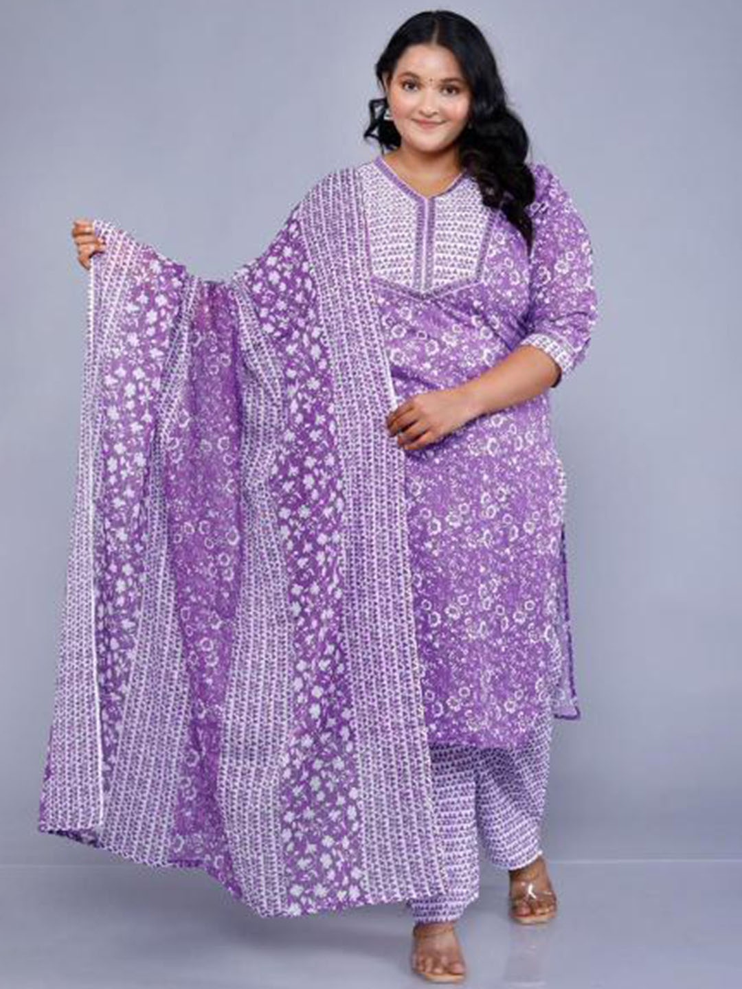 

KALINI Women Floral Printed Regular Pure Cotton Kurta with Trousers & With Dupatta, Purple