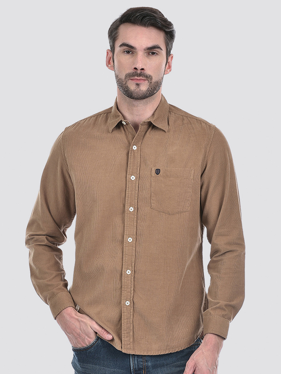 

Numero Uno Men Spread Collar Solid Cotton Slim Fit Casual Shirt, Brown