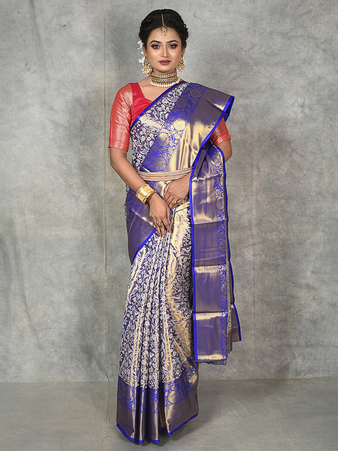 

DrapeMall Woven Design Zari Kanjeevaram Saree, Blue