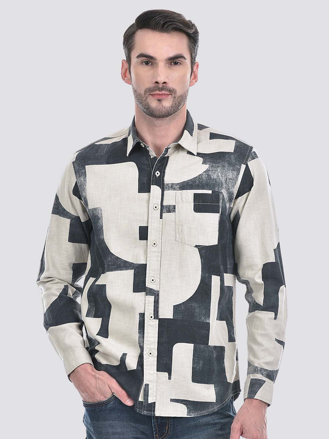 

Numero Uno Men Spread Collar Abstract Printed Cotton Casual Shirt, Beige