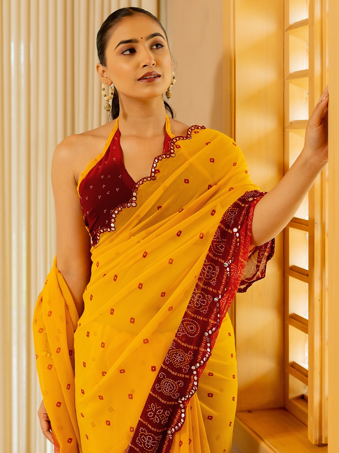 MIRCHI FASHION Bandhani Mirror Work Pure Georgette Bandhani Saree, Yellow