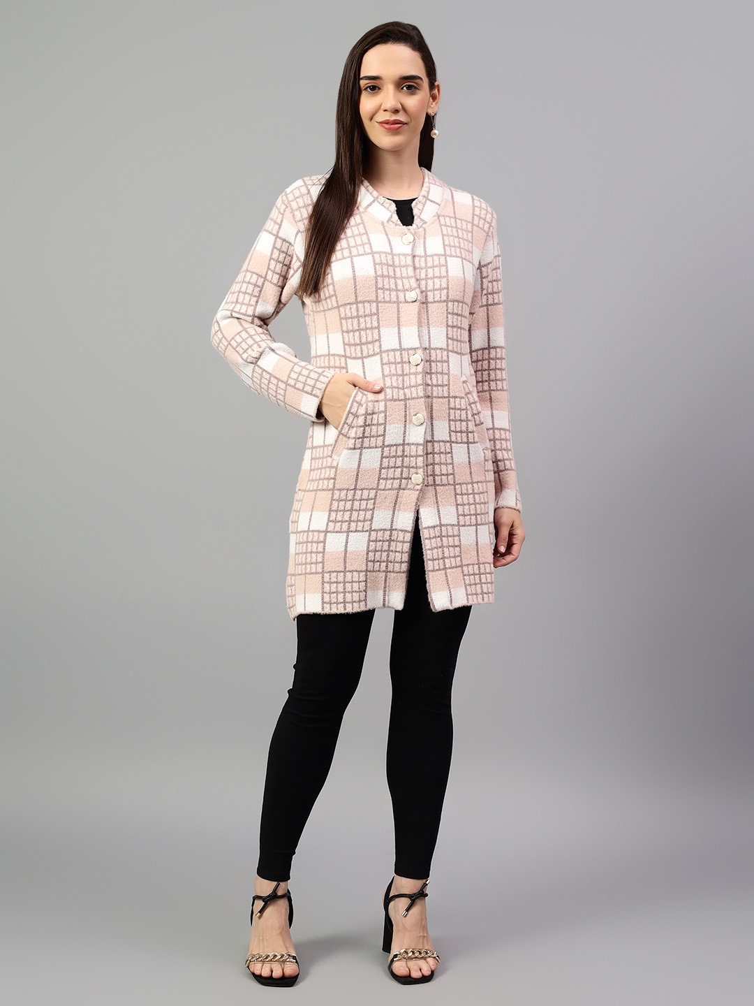 

Cantabil Women Checked Longline Cardigan, Peach