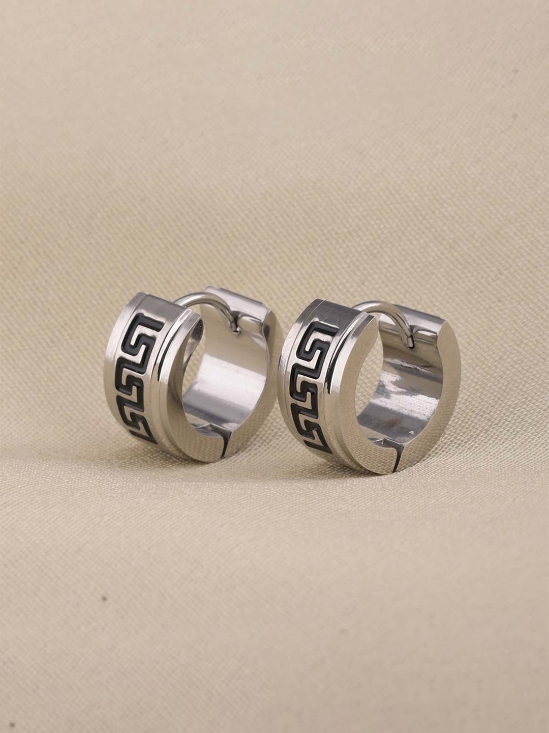 

PALMONAS Silver-Plated Stainless Steel Greek Key Design Circular Hoop Earrings