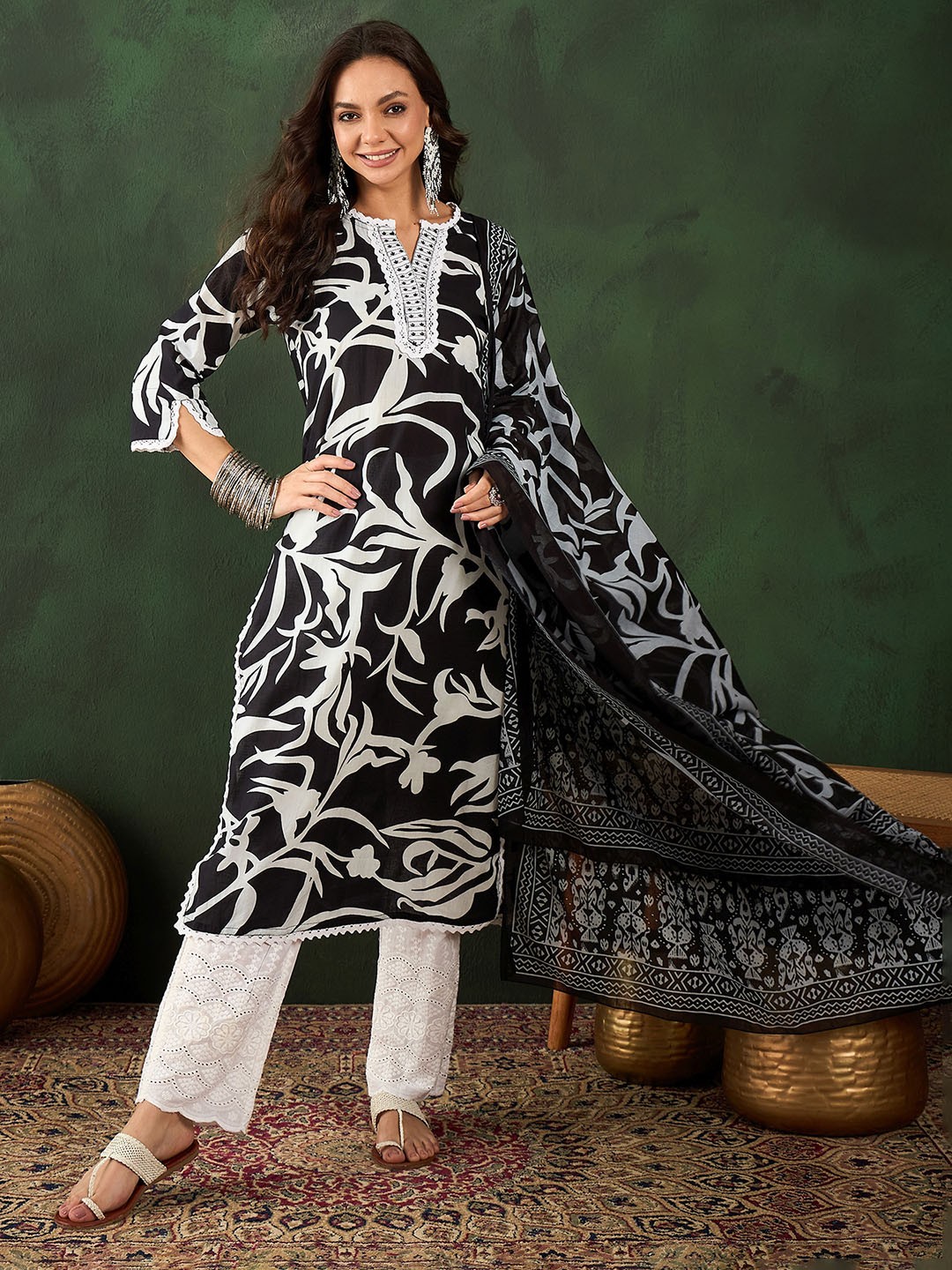 

Vastramyaa Women Printed Thread Work Pure Cotton Kurta with Trousers & With Dupatta, Black