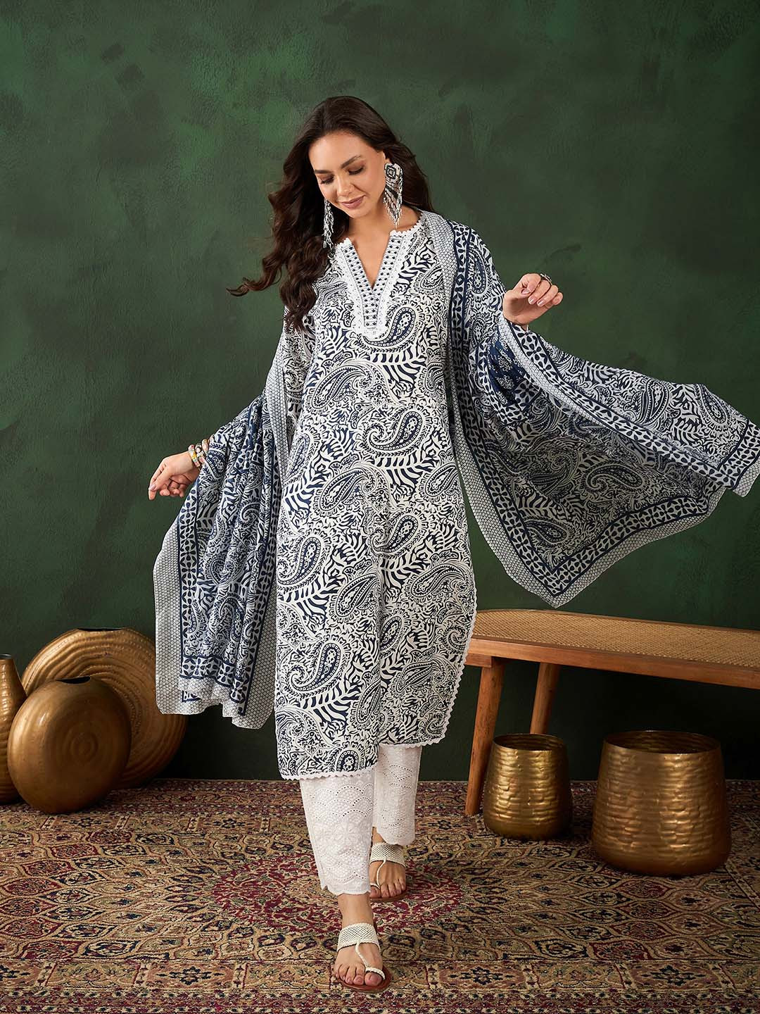 

Vastramyaa Women Paisley Printed Regular Thread Work Pure Cotton Kurta Set, Navy blue
