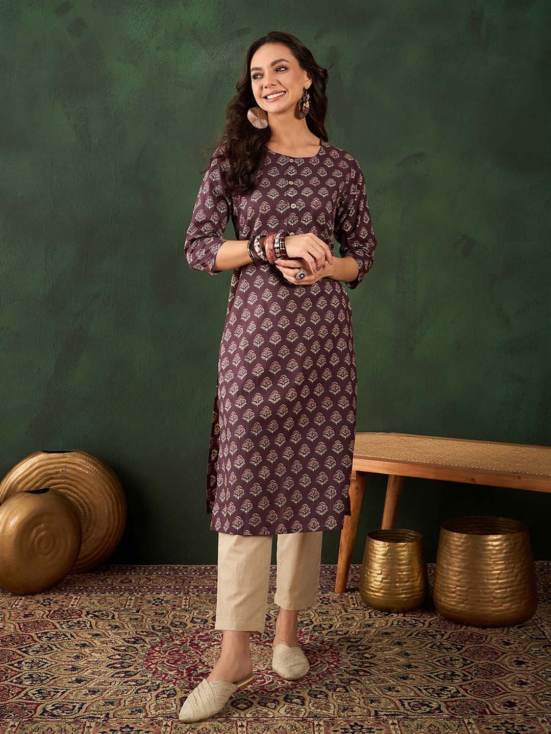 

Vastramyaa Women Ethnic Printed Regular Pure Cotton Kurta with Trousers, Brown