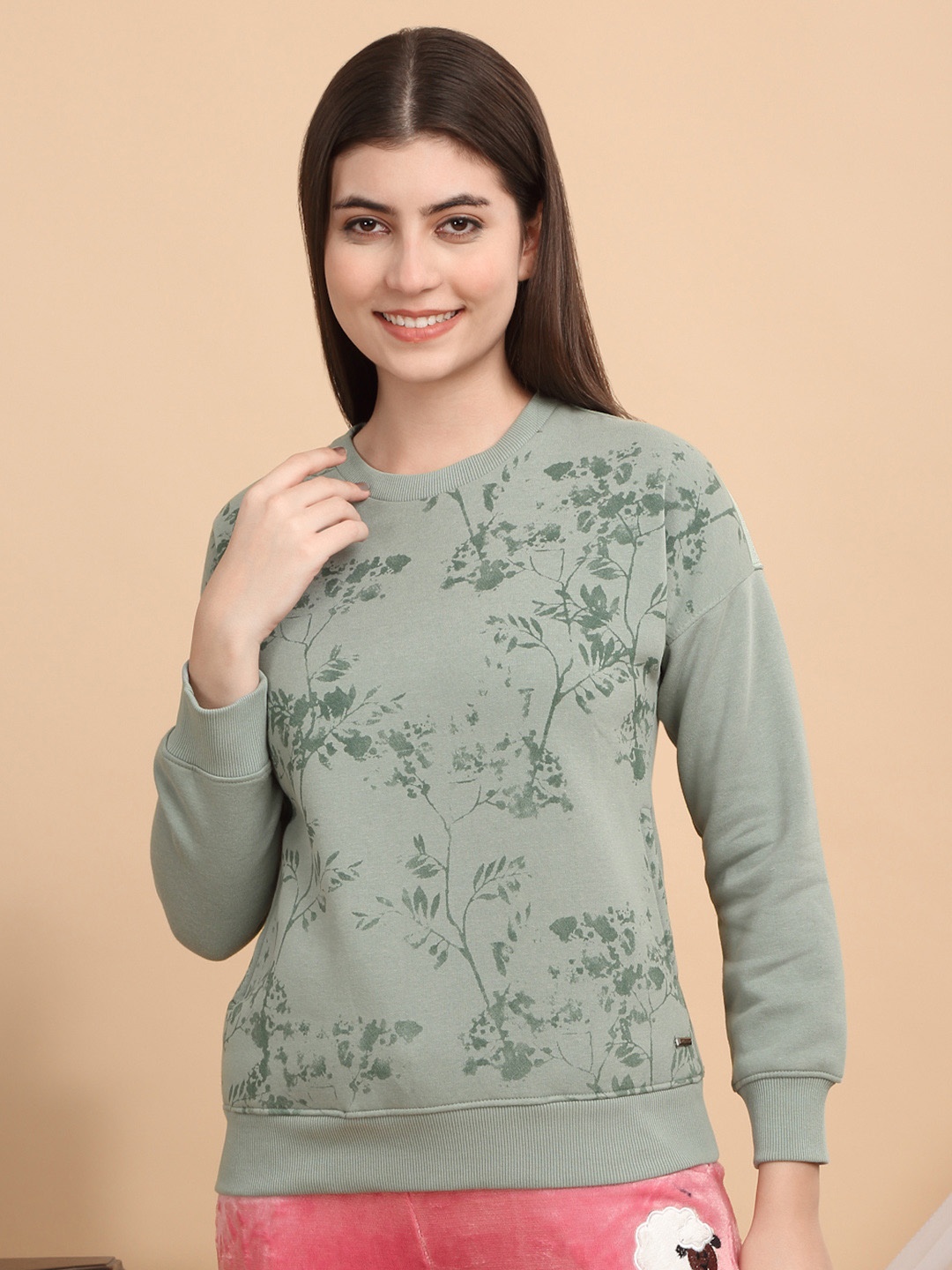 

Sweet Dreams Women Floral Printed Round Neck Fleece Pullover Sweatshirt, Green