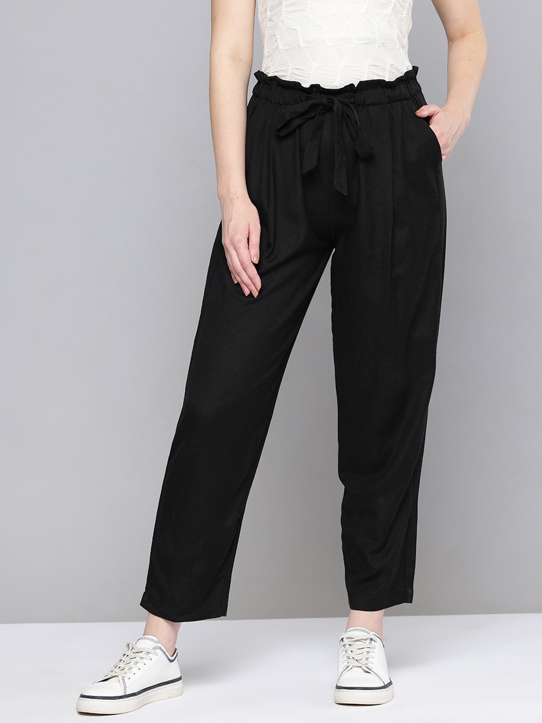 

SCOUP Women Relaxed Pleated Linen Trousers, Black