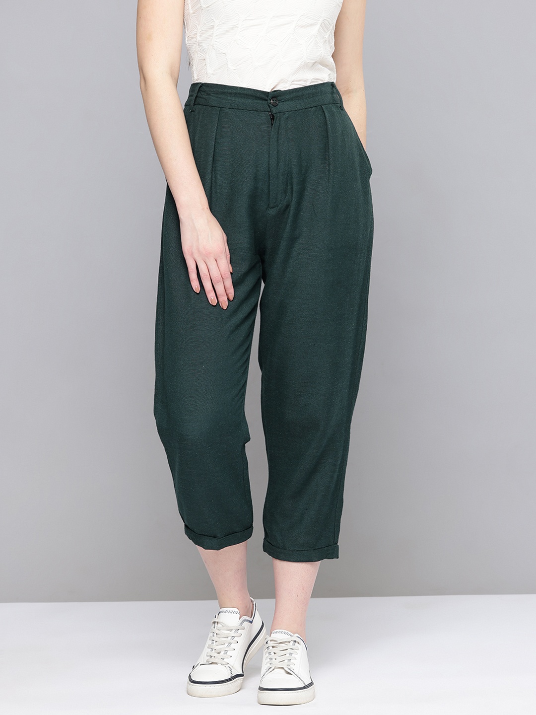 

SCOUP Women Relaxed Pleated Trousers, Green