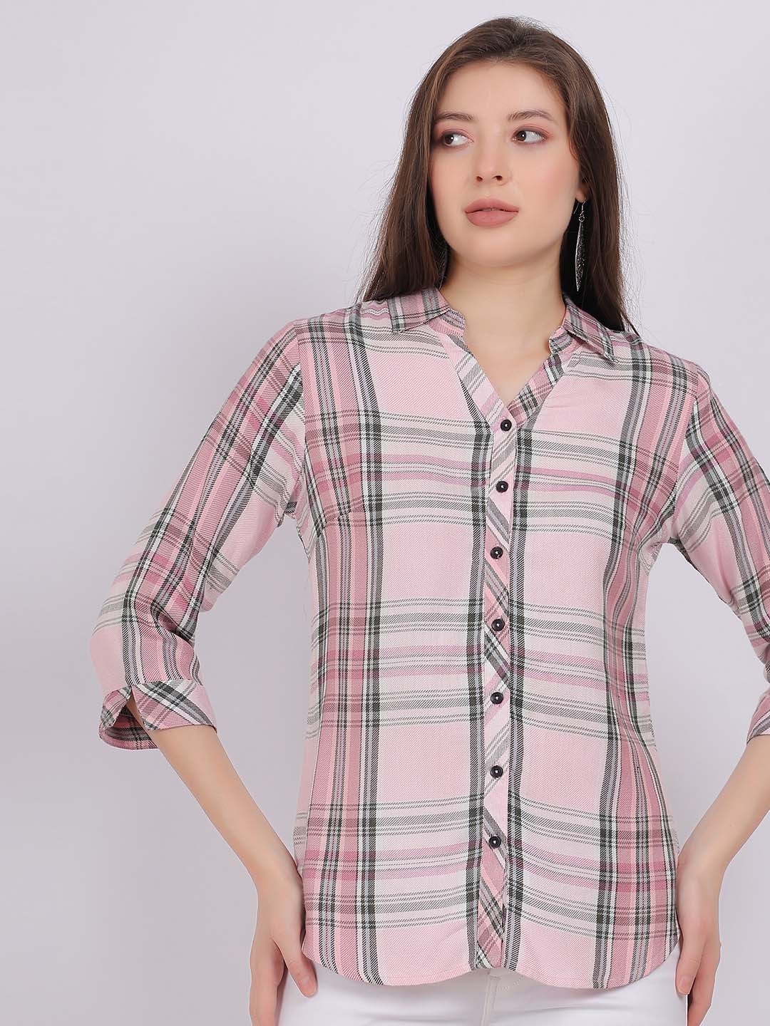 

Aumbe Women Comfort Spread Collar Tartan Checked Cotton Casual Shirt, Pink