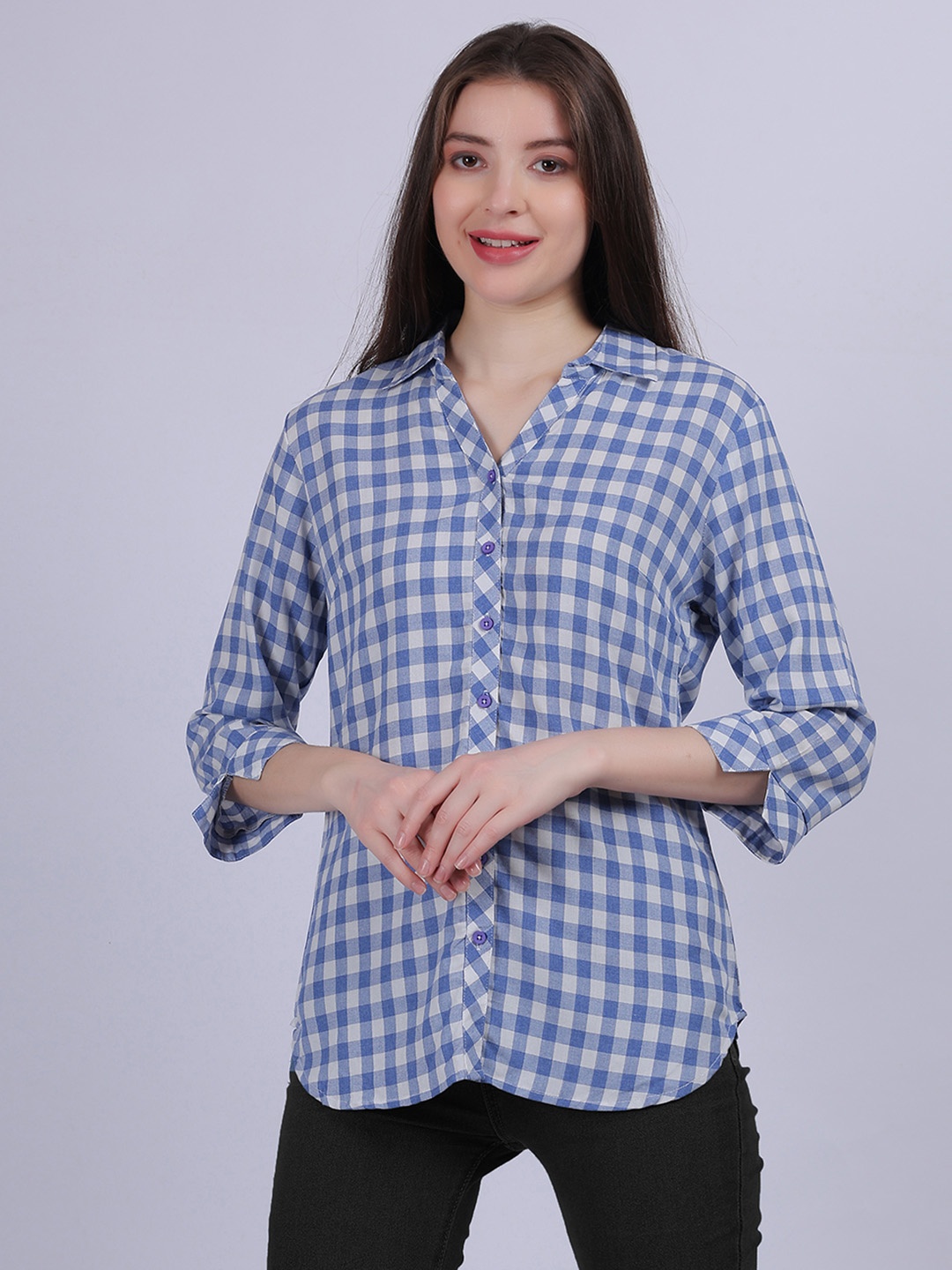 

Aumbe Women Comfort Spread Collar Checked Cotton Casual Shirt, Blue