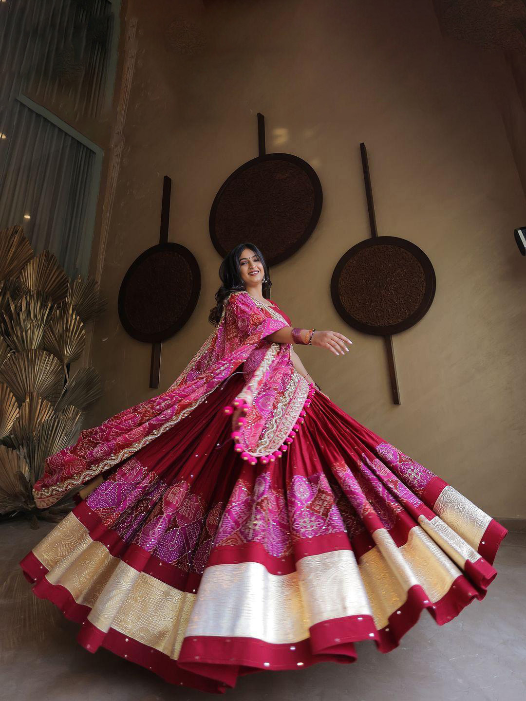 

MAHALASA Printed Mirror Work Ready to Wear Lehenga & Unstitched Blouse With Dupatta, Pink
