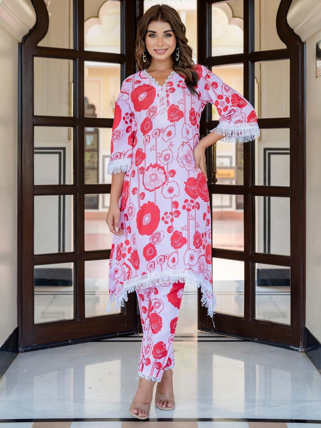 

KALINI Women Floral Printed Regular Gotta Patti Kurta with Trousers, Red