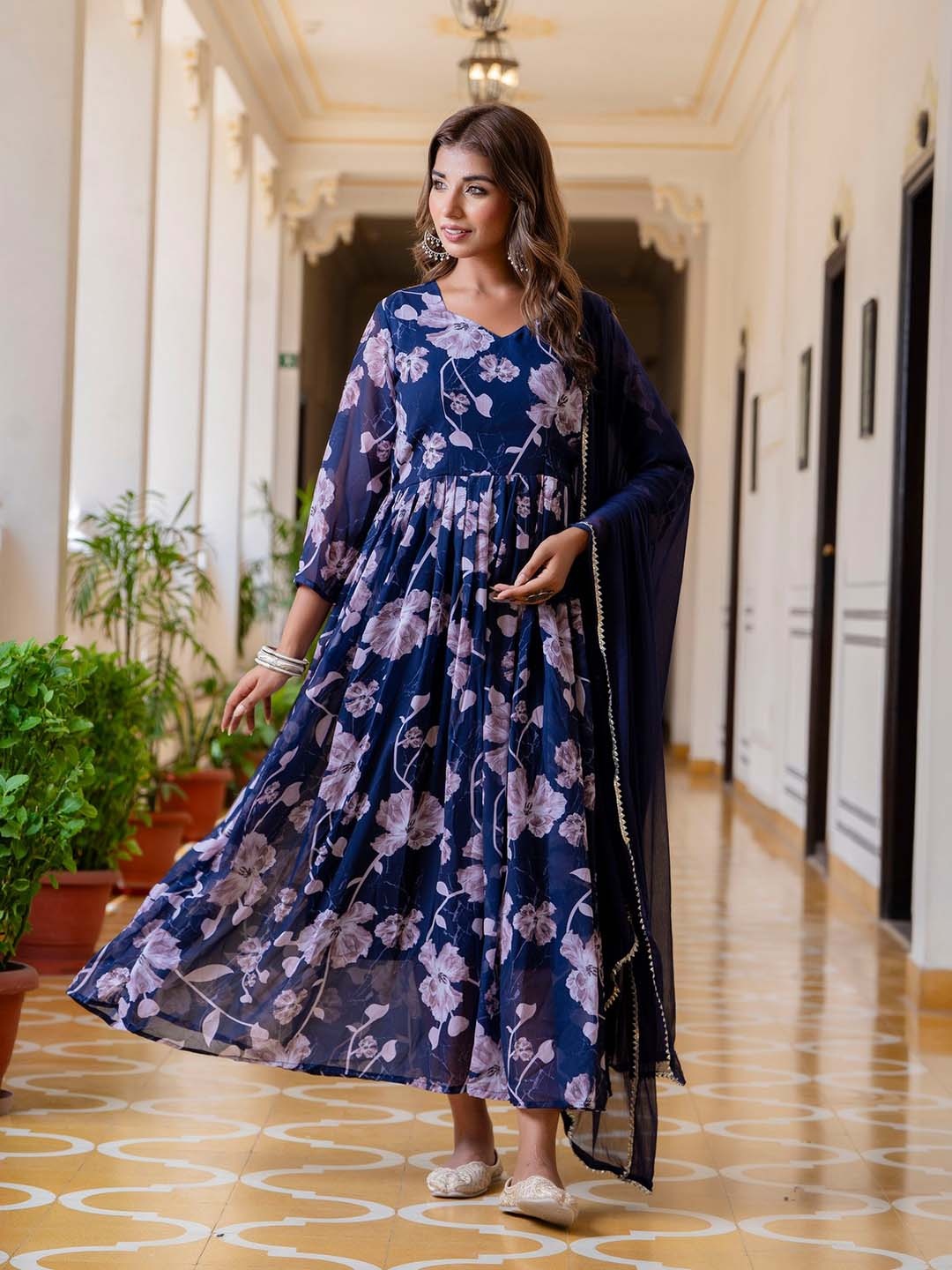 

KALINI Women Floral Printed Empire Gotta Patti Kurta with Trousers & Dupatta, Blue