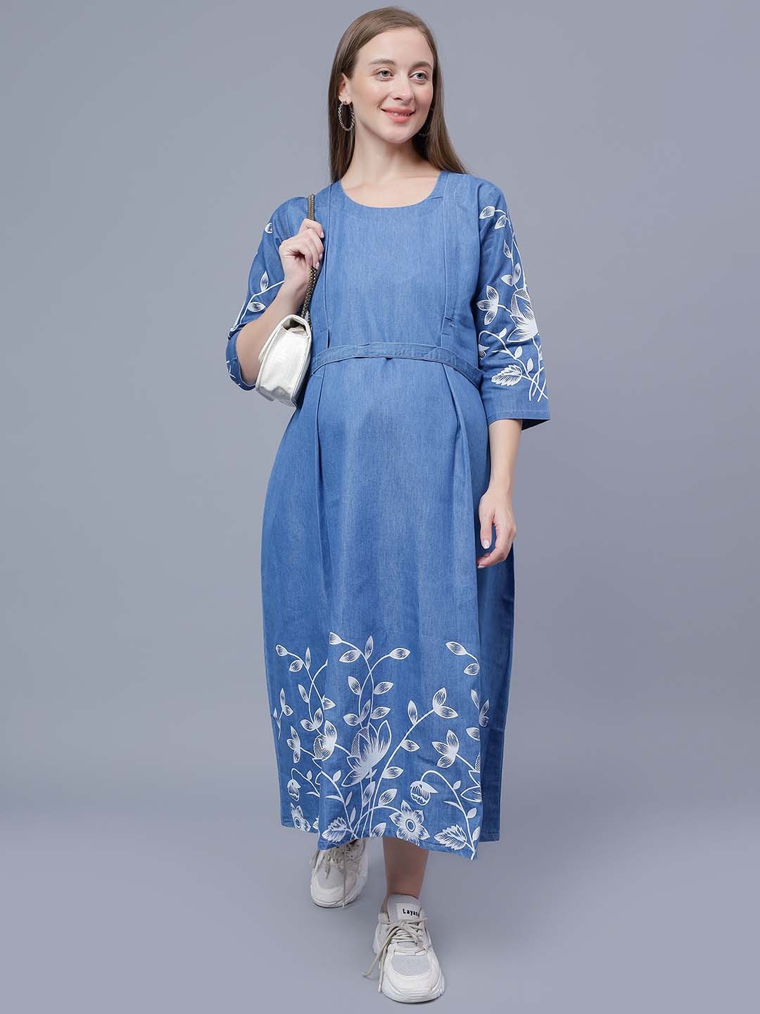 

NIGHTSPREE Solid Printed Denim Maternity Fit & Flare Cotton Dress, Blue