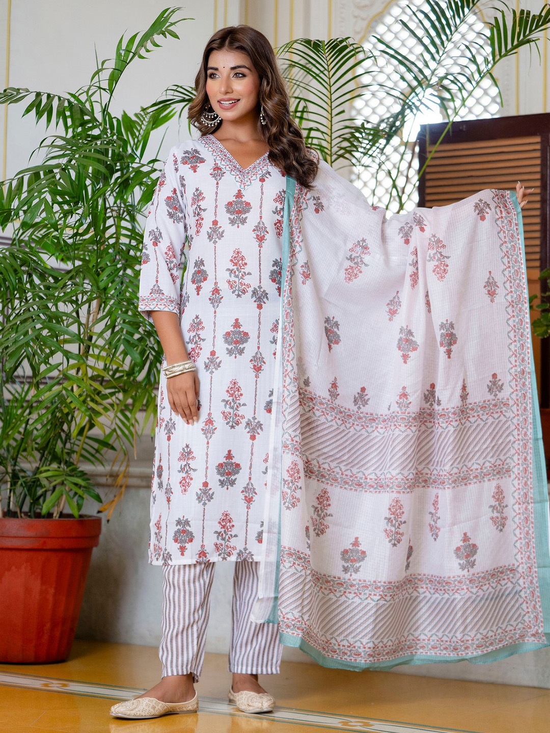 

KALINI Women Floral Printed Regular Kurta with Trousers & With Dupatta, White