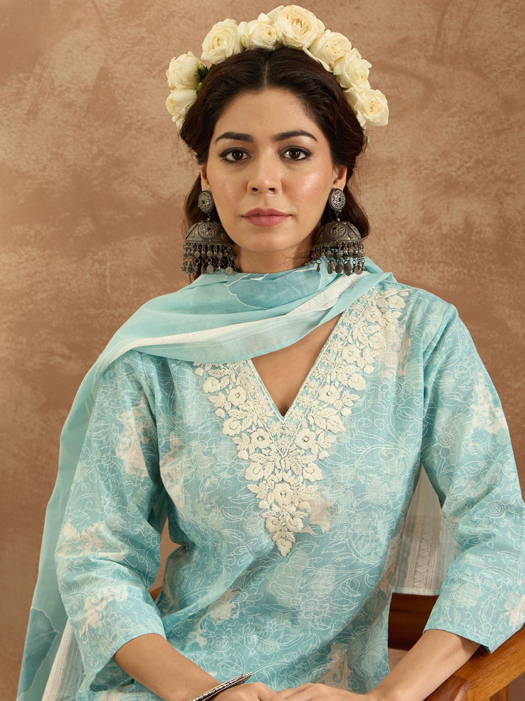 

Indo Era Women Floral Embroidered Pure Cotton Kurta with Trousers & Dupatta, Blue
