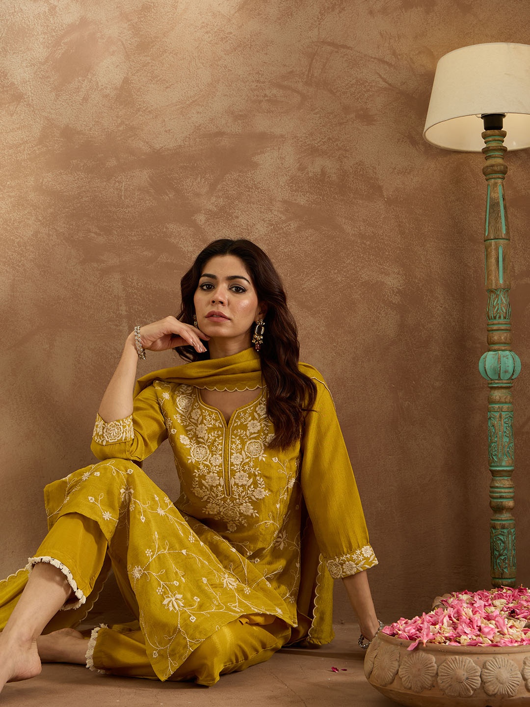 

Indo Era Women Ethnic Motifs Regular Thread Work Kurta with Trousers & Dupatta, Yellow