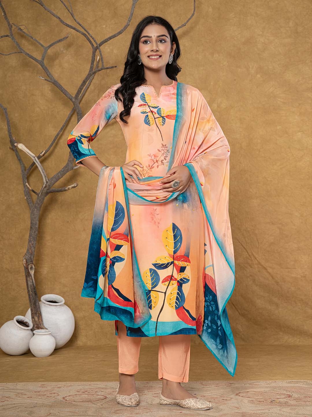 

Yufta Women Floral Embroidered Pure Silk Kurta with Trousers & With Dupatta, Peach