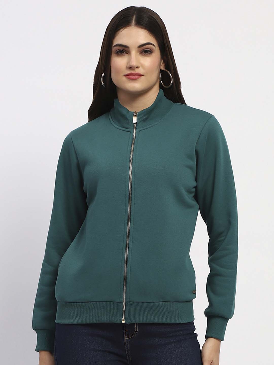 

Madame Women Solid Mock Collar Cotton Front-Open Sweatshirt, Teal