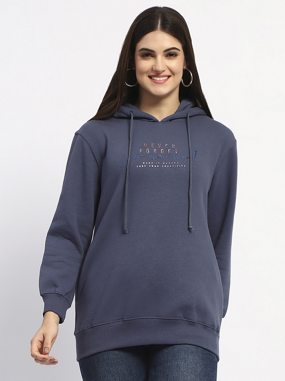 

Madame Women Typography Printed Hood Cotton Pullover Sweatshirt, Navy blue