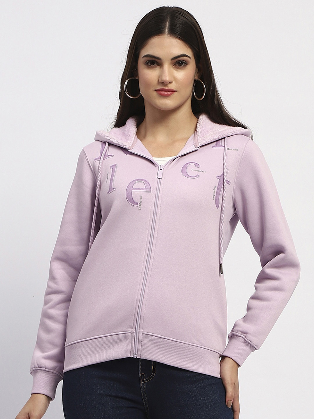 

Madame Women Typography Printed Hood Cotton Front-Open Sweatshirt, Purple