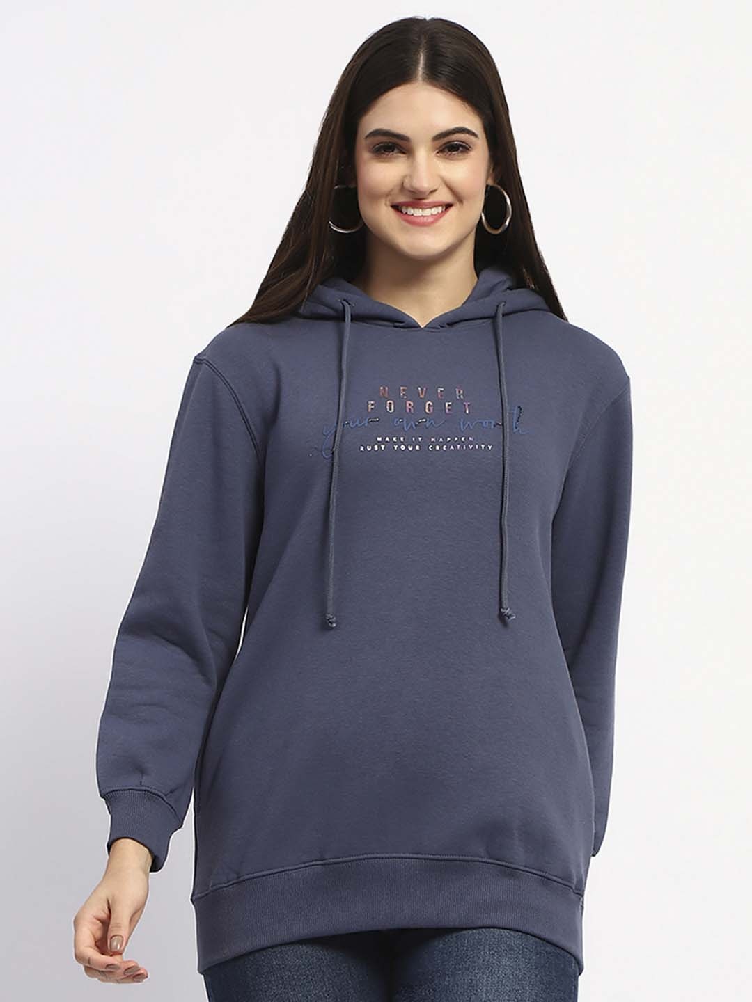 

Madame Women Typography Printed Hood Cotton Pullover Sweatshirt, Navy blue