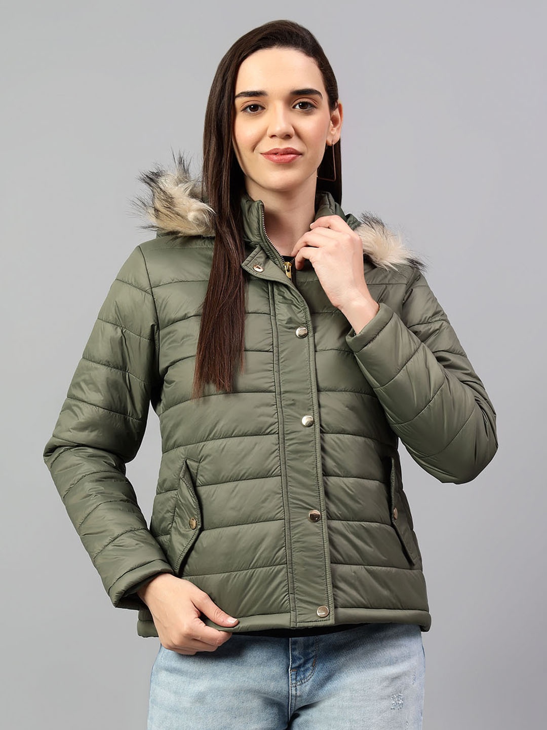 

Cantabil Women Hooded Puffer Jacket, Olive