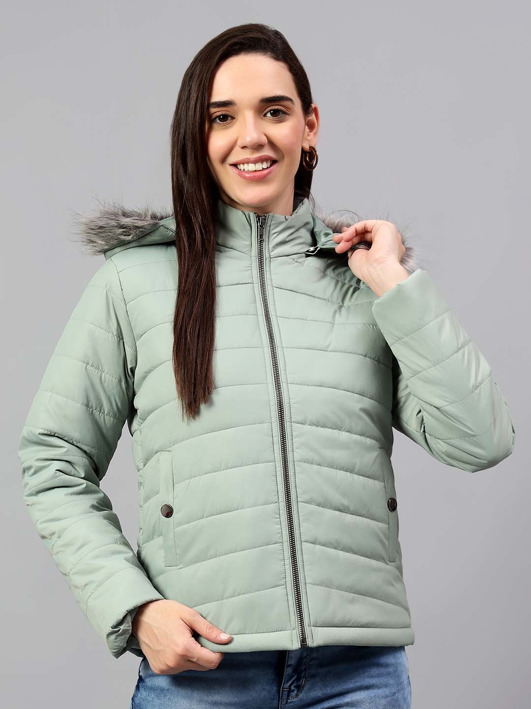 

Cantabil Women Hooded Puffer Jacket With Faux Fur Trim, Green