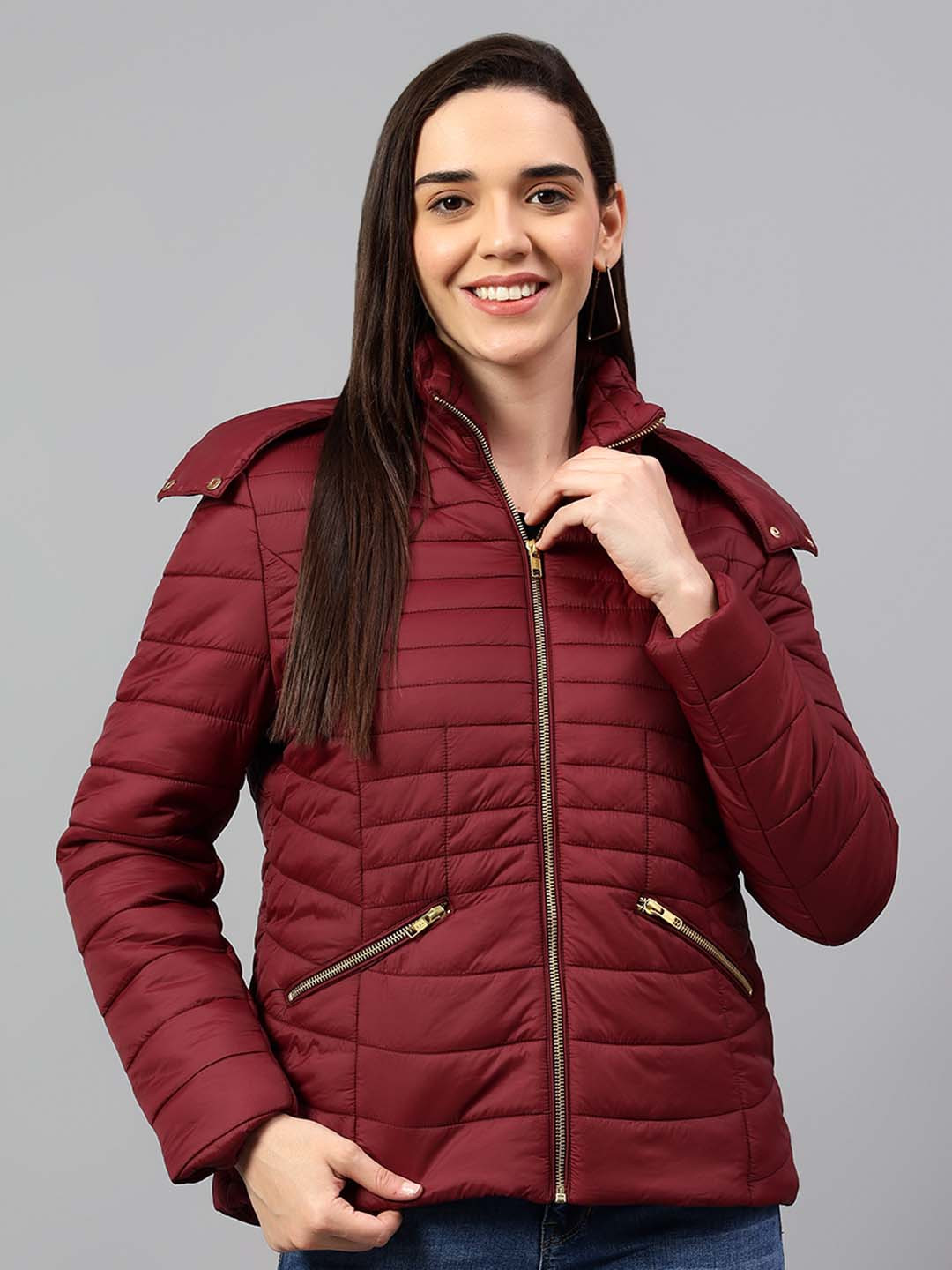 

Cantabil Women Hooded Quilted Jacket, Maroon