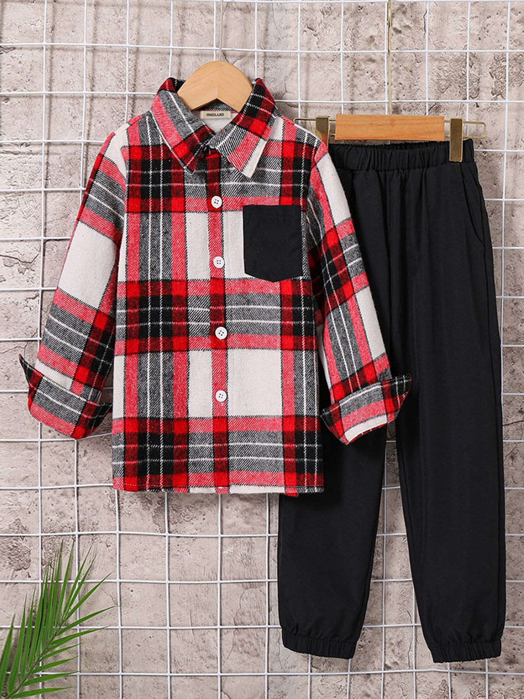 

INCLUD Girls Checked Shirt with Trousers, Red