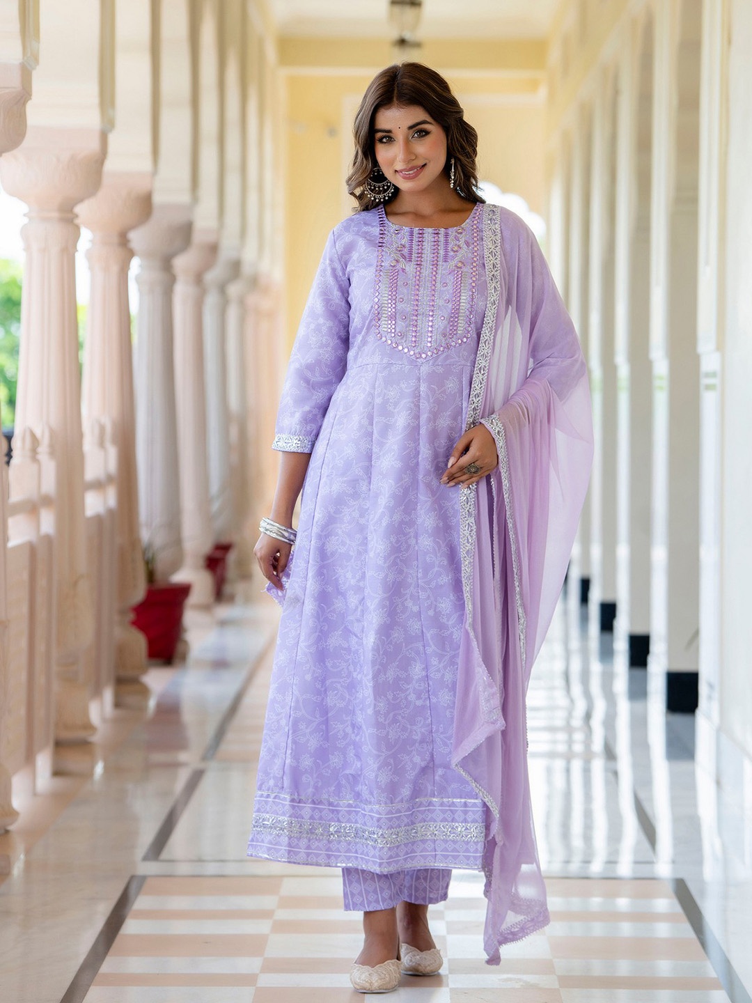 

KALINI Women Floral Printed Round Neck Panelled Mirror Work Kurta with Trousers & Dupatta, Lavender