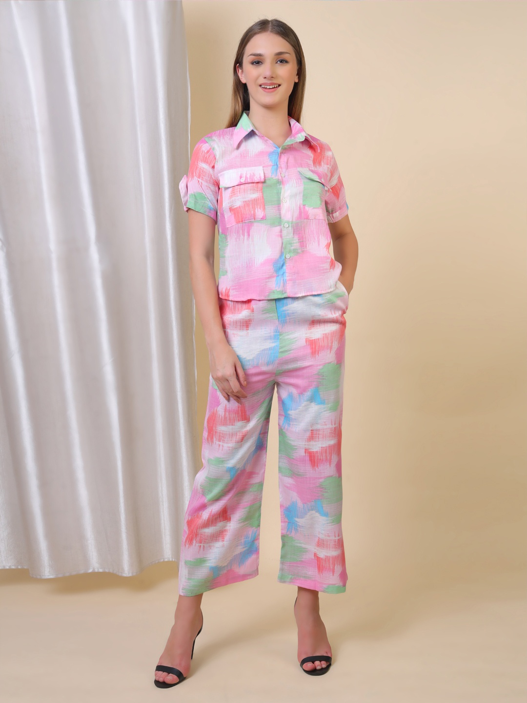 

Xivir Women Printed Shirt With Trousers Co-Ords, Pink