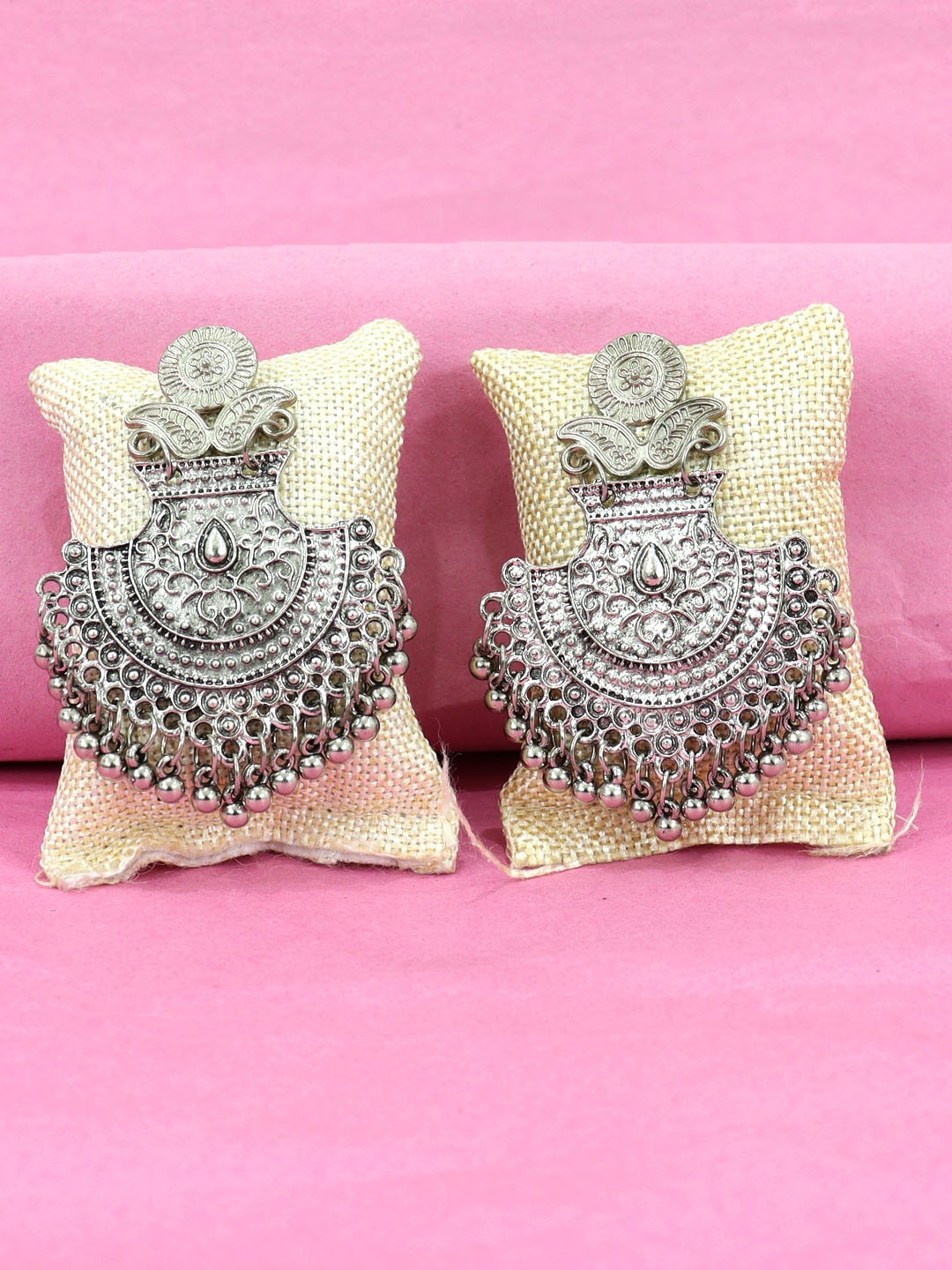 

Krelin Silver-Plated & Oxidised Stone Studded Classic Drop Earrings