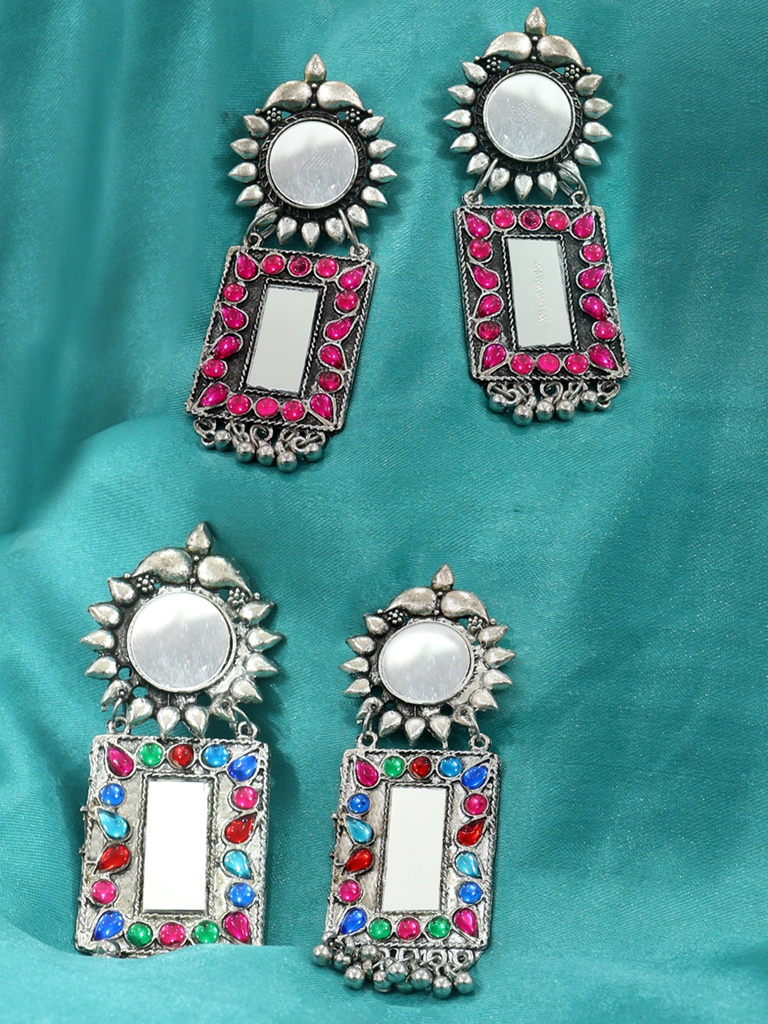 

Krelin Set Of 2 Silver-Plated Stone Studded Square Oxidised Drop Earrings, Pink
