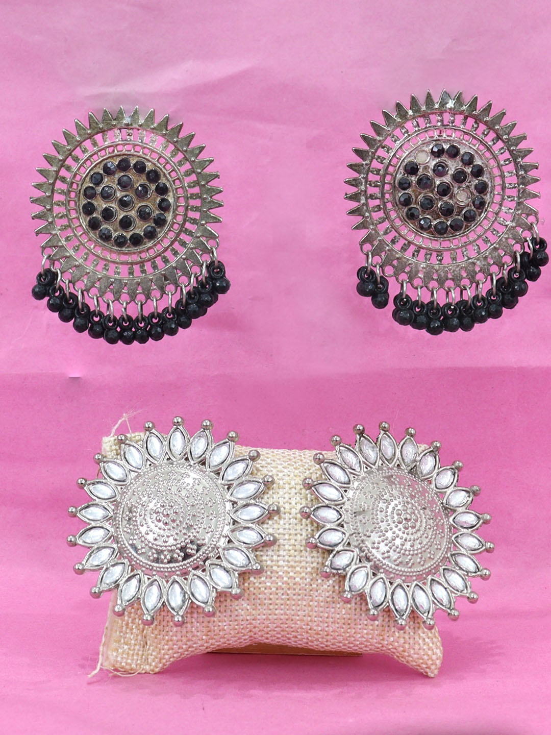 

Krelin Set Of 2 Silver-Plated Stone Studded Oxidised Classic Studs