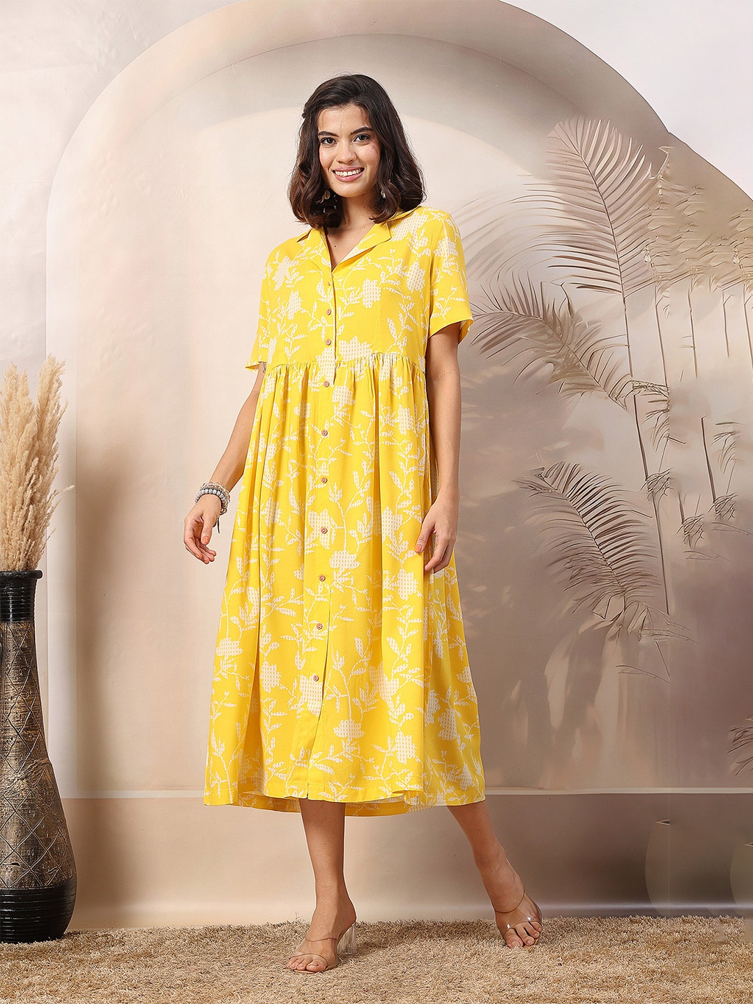 

House Of Zelena Floral Print Maternity A-Line Midi Dress, Yellow